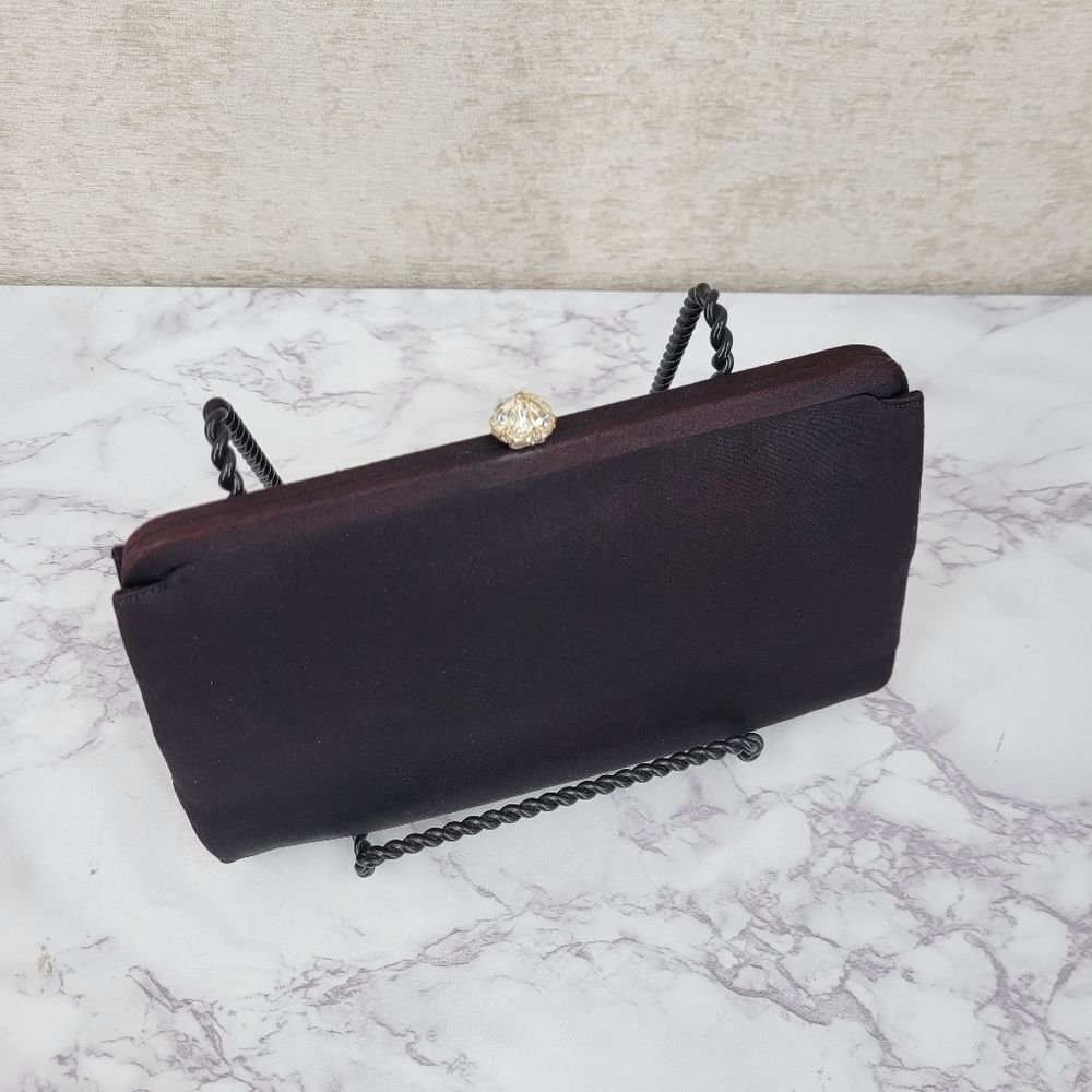 Mel-ton Vintage Black Satin Clutch Bag Crystal Clasp Mirror Coin Pouch Set